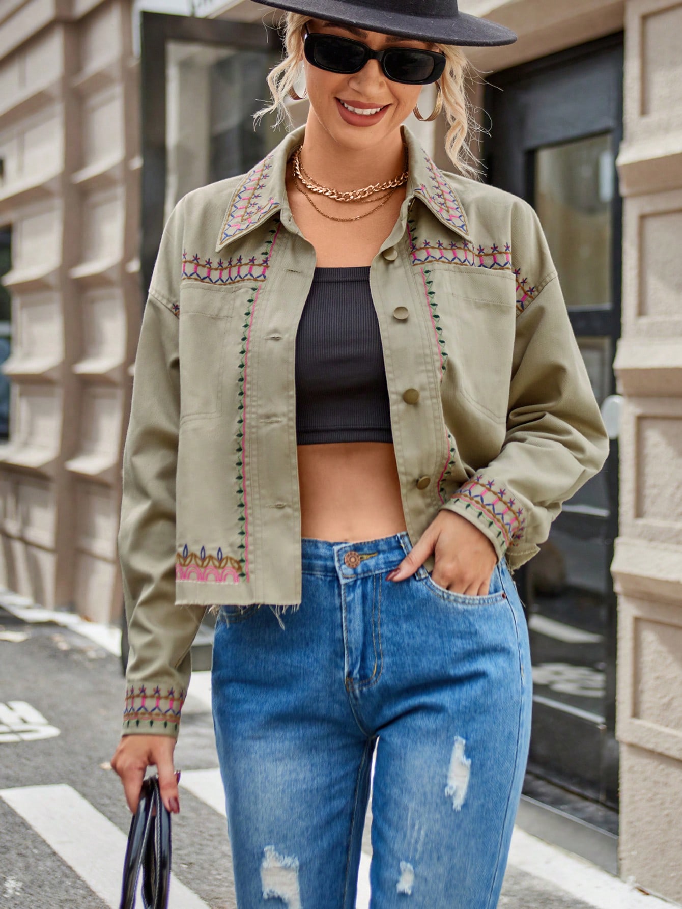 Geo Print Drop Shoulder Pocket Patched Jacket