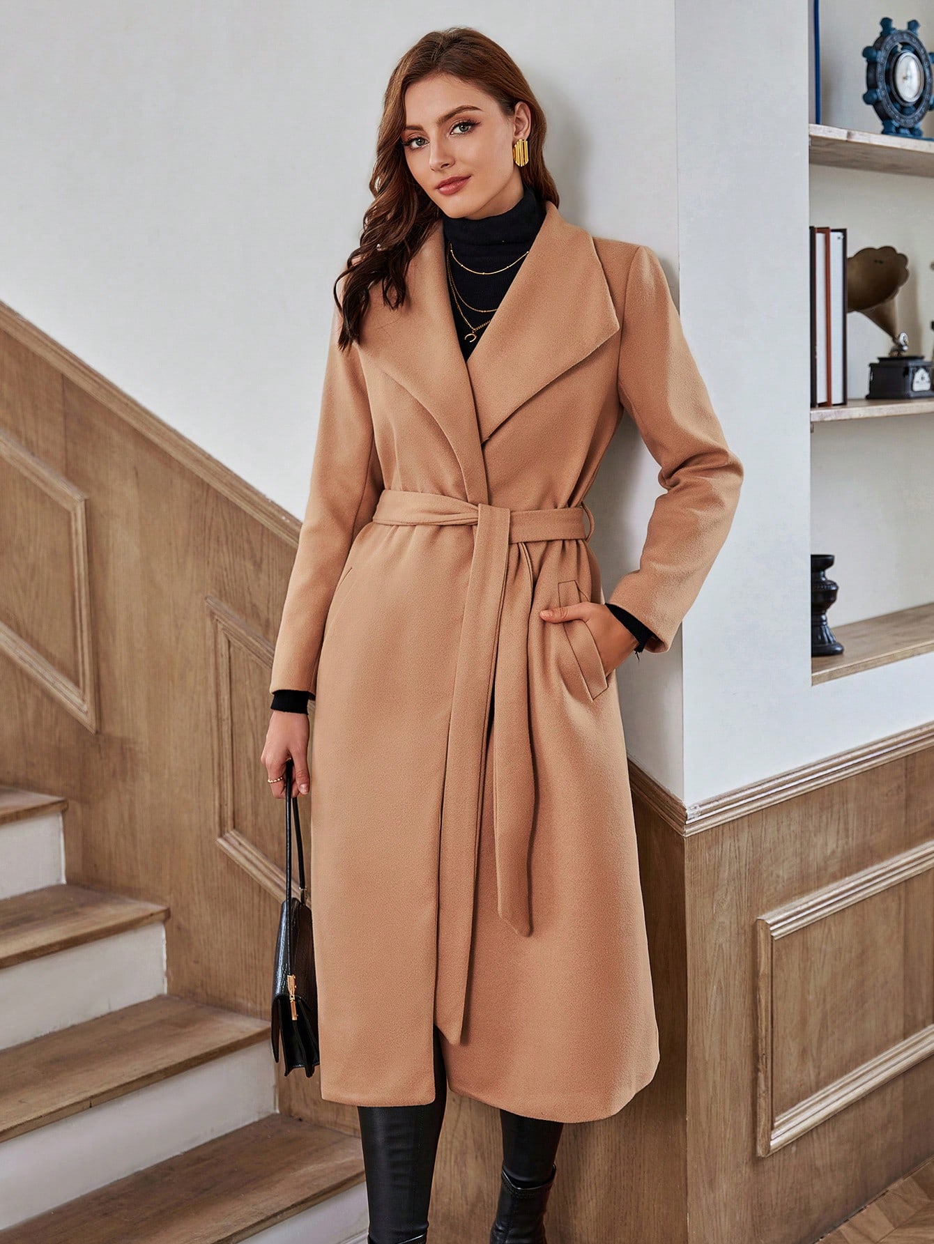 Waterfall Collar Slant Pocket Belted Overcoat